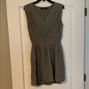 Olive Green V-Neck Sleeveless Mini Dress with Crochet Detail
